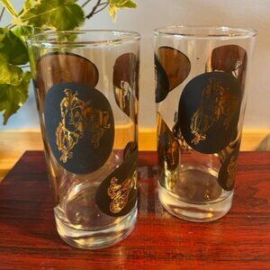 Rare Vtg Dominion Glass Co HIghball Bar Tumbler Horse themed Black Gold design